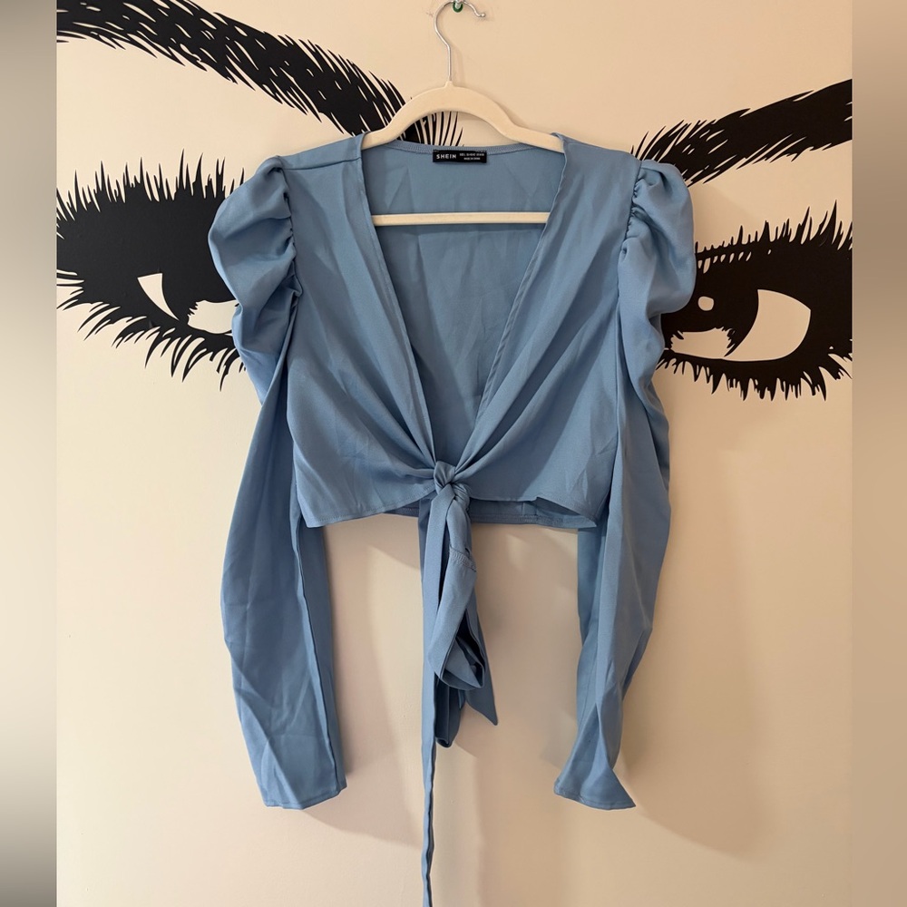 Shein Powder Blue Tie-Front Puff Sleeve Blouse